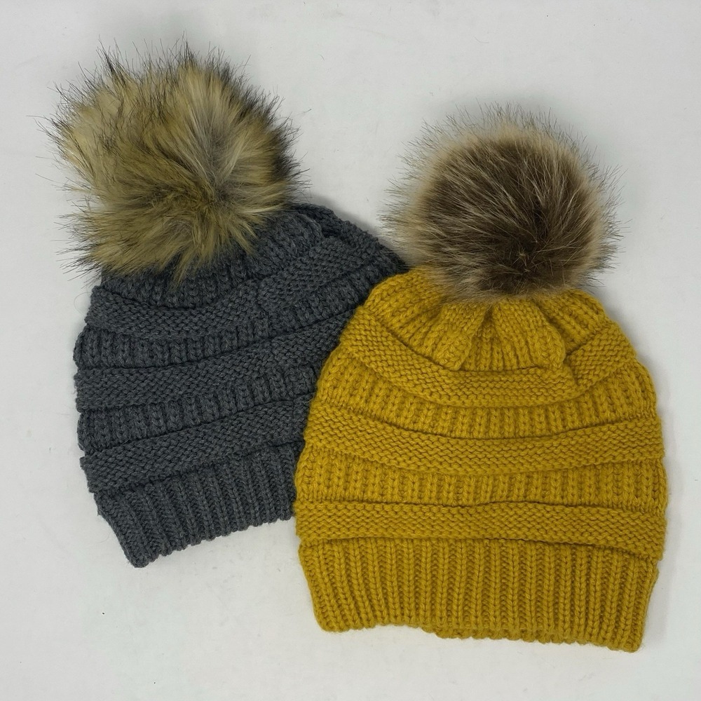 Altar'd State Unisex LOT 2 Knit Hats Faux Fur Pom Pom Cozyâ Winter Ski Cabincore